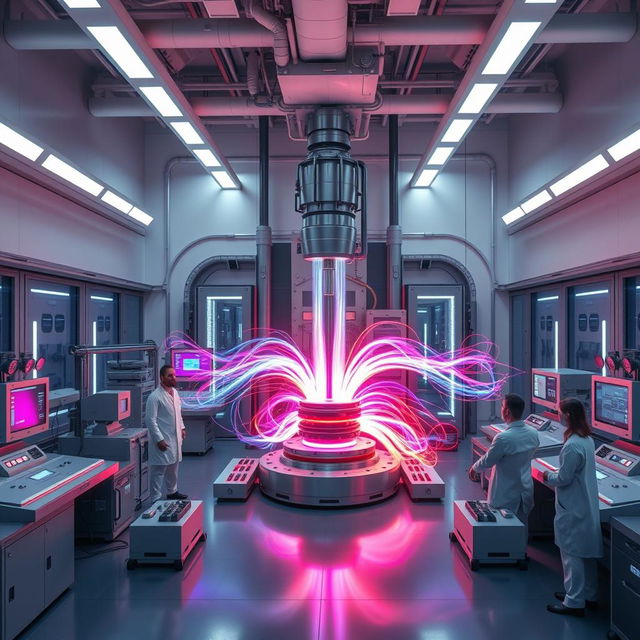 A high-tech plasma discharge laboratory designed for fusion research, featuring sleek, metallic equipment, glowing plasma streams, and complex machinery