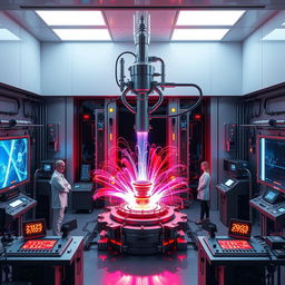 A high-tech plasma discharge laboratory designed for fusion research, featuring sleek, metallic equipment, glowing plasma streams, and complex machinery