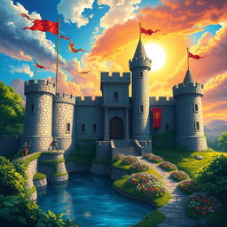 A detailed 16x16 medieval castle set against a vibrant sky, showcasing stone walls and tall towers with flags fluttering in the wind