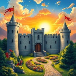 A detailed 16x16 medieval castle set against a vibrant sky, showcasing stone walls and tall towers with flags fluttering in the wind