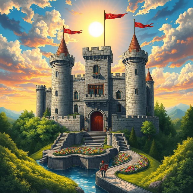 A detailed 16x16 medieval castle set against a vibrant sky, showcasing stone walls and tall towers with flags fluttering in the wind