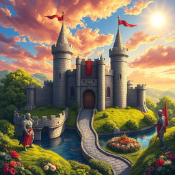 A detailed 16x16 medieval castle set against a vibrant sky, showcasing stone walls and tall towers with flags fluttering in the wind
