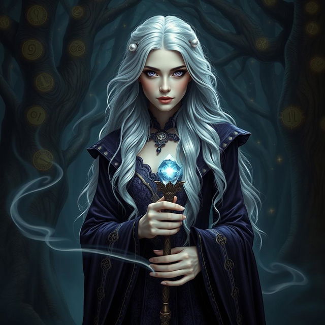 A stunning portrait of a mysterious sorceress standing in an enchanted forest