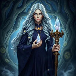 A stunning portrait of a mysterious sorceress standing in an enchanted forest