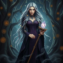 A stunning portrait of a mysterious sorceress standing in an enchanted forest