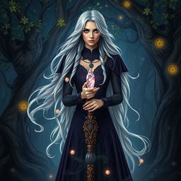 A stunning portrait of a mysterious sorceress standing in an enchanted forest