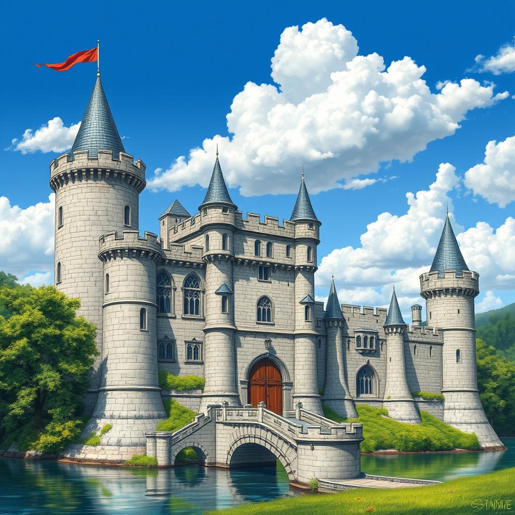 A detailed 16x16 medieval castle, showcasing towering stone walls, a majestic keep, and multiple turrets with flags waving in the wind