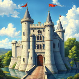 A detailed 16x16 medieval castle, showcasing towering stone walls, a majestic keep, and multiple turrets with flags waving in the wind