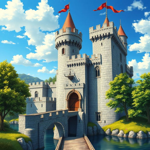 A detailed 16x16 medieval castle, showcasing towering stone walls, a majestic keep, and multiple turrets with flags waving in the wind