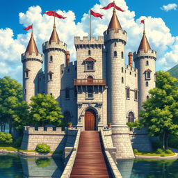 A detailed 16x16 medieval castle, showcasing towering stone walls, a majestic keep, and multiple turrets with flags waving in the wind