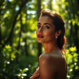 A serene moment captured in a lush, green forest, where soft, dappled sunlight filters gently through the trees, creating a magical glow