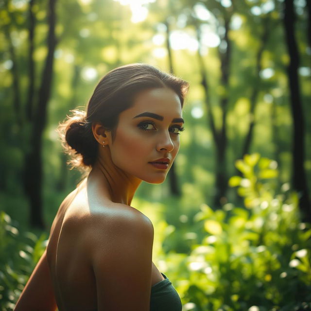 A serene moment captured in a lush, green forest, where soft, dappled sunlight filters gently through the trees, creating a magical glow