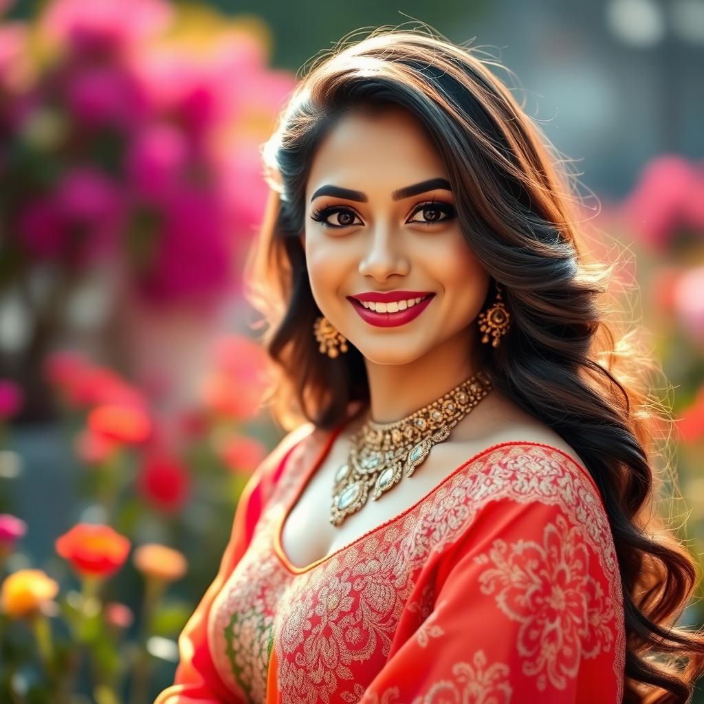 A glamorous portrait of the popular Bangladeshi actress Pori Moni, showcasing her beautiful features and captivating smile