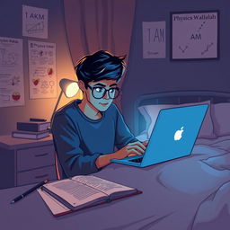 A digital illustration of a cozy night scene featuring a young adult named Shivam sitting in a bedroom at 1 AM, engrossed in studying Physics Wallah on his laptop