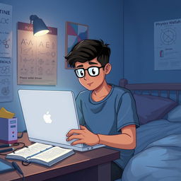 A digital illustration of a cozy night scene featuring a young adult named Shivam sitting in a bedroom at 1 AM, engrossed in studying Physics Wallah on his laptop
