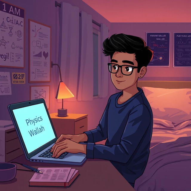 A digital illustration of a cozy night scene featuring a young adult named Shivam sitting in a bedroom at 1 AM, engrossed in studying Physics Wallah on his laptop