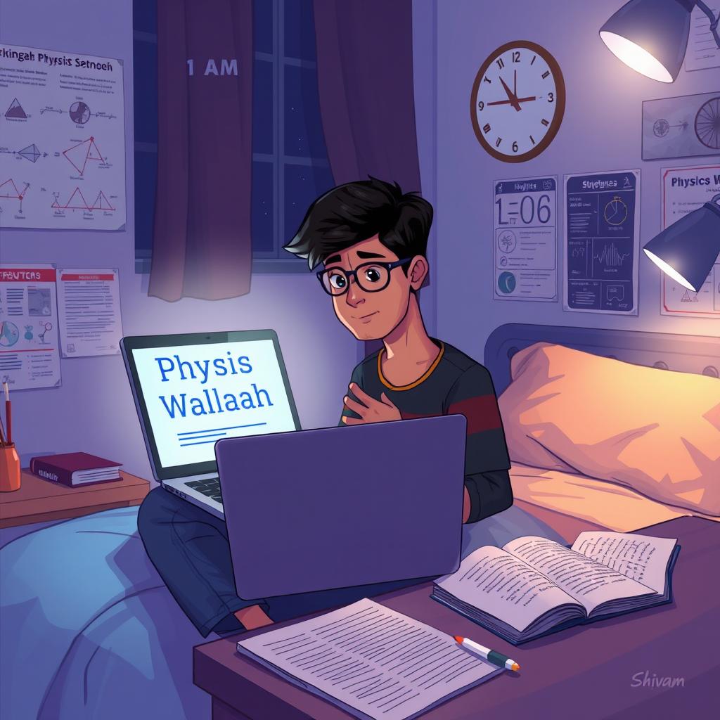 A digital illustration of a cozy night scene featuring a young adult named Shivam sitting in a bedroom at 1 AM, engrossed in studying Physics Wallah on his laptop