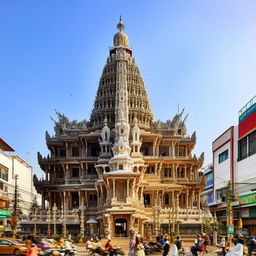 The front elevation of a magnificent temple, located beside a busy road under a clear blue sky