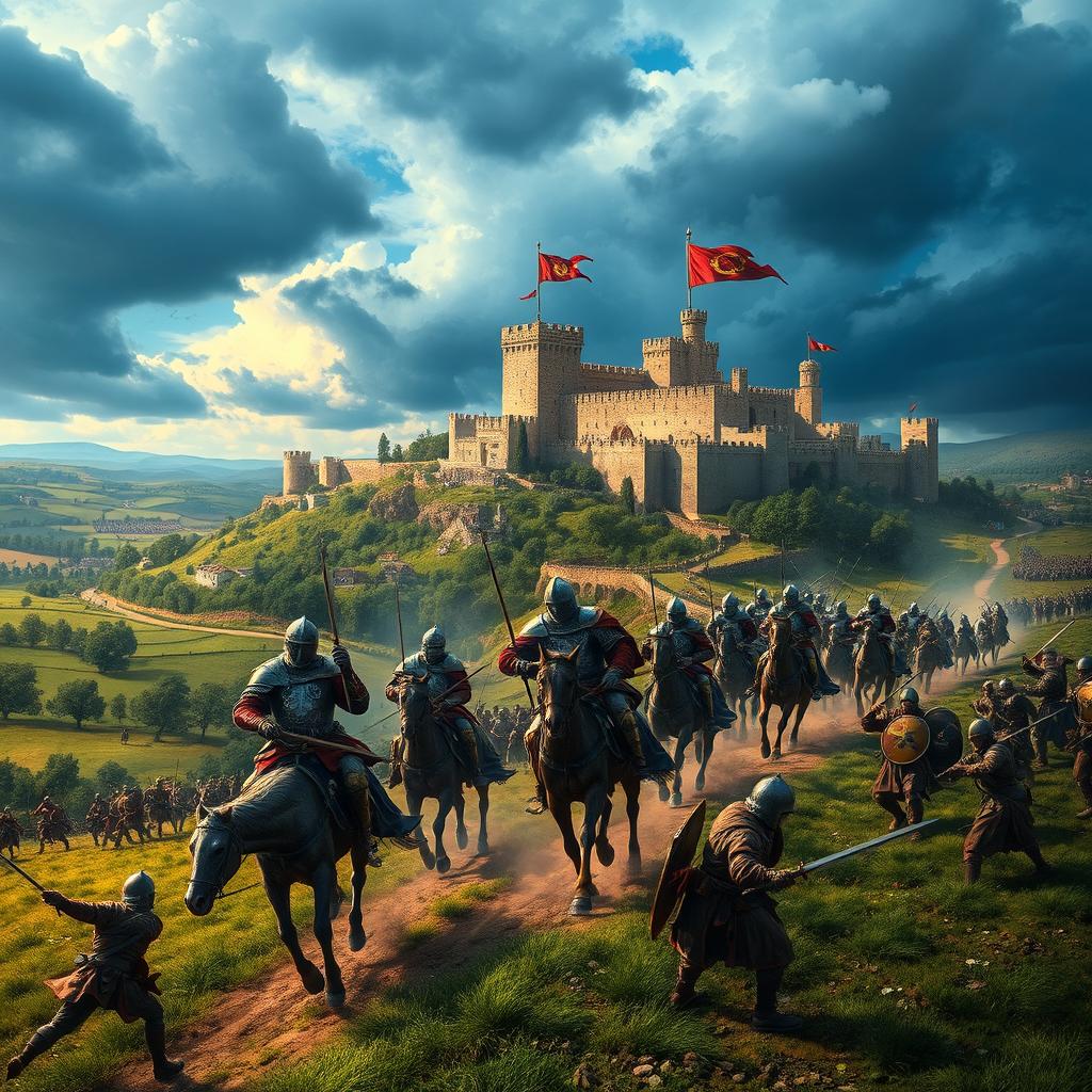 A dramatic scene depicting the Crusades, showcasing medieval knights in full armor on horseback, charging into battle