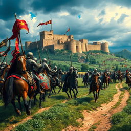 A dramatic scene depicting the Crusades, showcasing medieval knights in full armor on horseback, charging into battle
