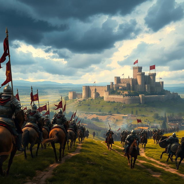 A dramatic scene depicting the Crusades, showcasing medieval knights in full armor on horseback, charging into battle