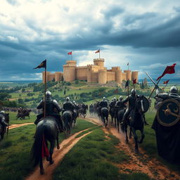 A dramatic scene depicting the Crusades, showcasing medieval knights in full armor on horseback, charging into battle