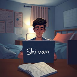 A digital illustration of a cozy night scene featuring a young adult named Shivam sitting in a bedroom at 1 AM, engrossed in studying Physics Wallah on his laptop