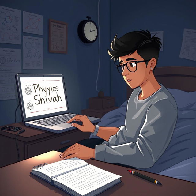 A digital illustration of a cozy night scene featuring a young adult named Shivam sitting in a bedroom at 1 AM, engrossed in studying Physics Wallah on his laptop