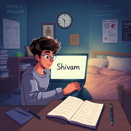 A digital illustration of a cozy night scene featuring a young adult named Shivam sitting in a bedroom at 1 AM, engrossed in studying Physics Wallah on his laptop