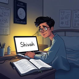 A digital illustration of a cozy night scene featuring a young adult named Shivam sitting in a bedroom at 1 AM, engrossed in studying Physics Wallah on his laptop