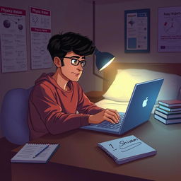 A digital illustration of a cozy night scene with a young adult named Shivam, who is engaged in studying Physics Wallah on his laptop at 1 AM