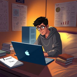 A digital illustration of a cozy night scene with a young adult named Shivam, who is engaged in studying Physics Wallah on his laptop at 1 AM