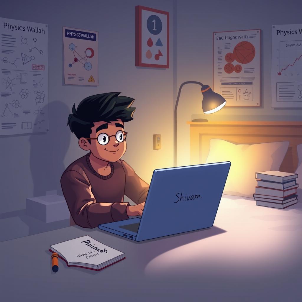 A digital illustration of a cozy night scene with a young adult named Shivam, who is engaged in studying Physics Wallah on his laptop at 1 AM