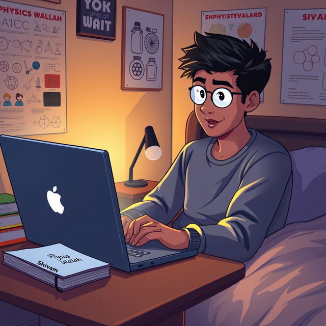 A digital illustration of a cozy night scene with a young adult named Shivam, who is engaged in studying Physics Wallah on his laptop at 1 AM