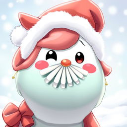 A playful and whimsical Padoru character wearing a Santa hat, but with a face designed like a fan – complete with blades forming a cute smile