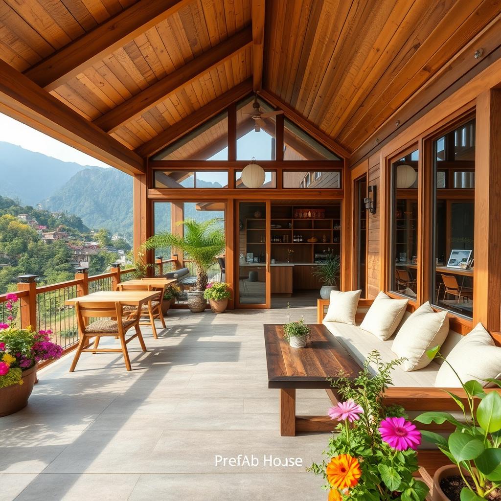 A charming prefab house designed as a cozy cafe located in the picturesque landscape of Nepal