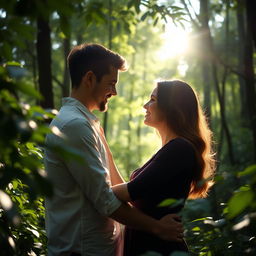 In a tranquil forest setting, a couple is sharing a tender and intimate moment surrounded by lush greenery