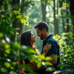 In a tranquil forest setting, a couple is sharing a tender and intimate moment surrounded by lush greenery