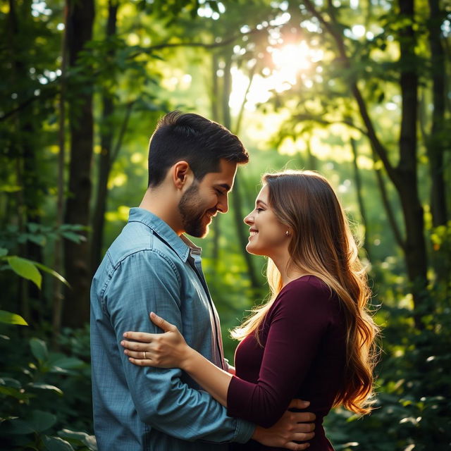 In a tranquil forest setting, a couple is sharing a tender and intimate moment surrounded by lush greenery