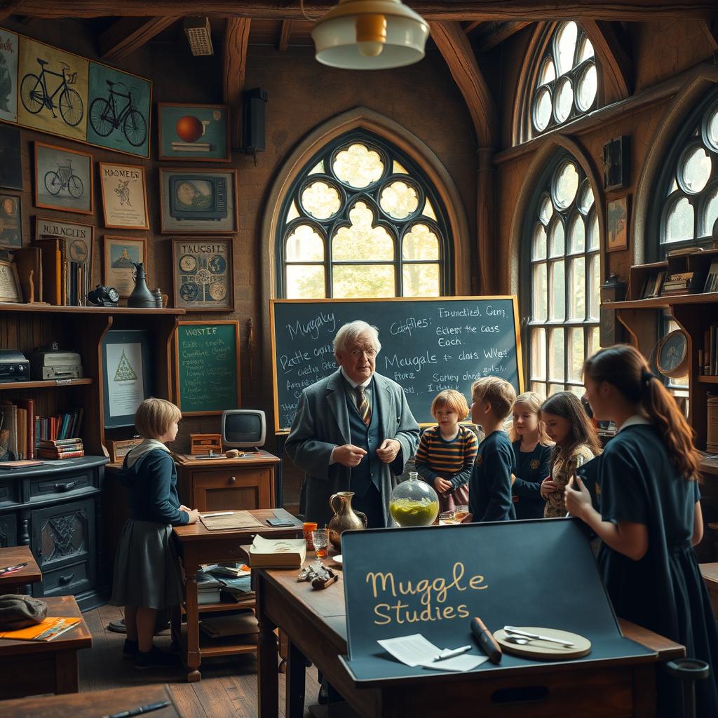 An enchanting scene depicting a Muggle Studies classroom at Hogwarts School of Witchcraft and Wizardry