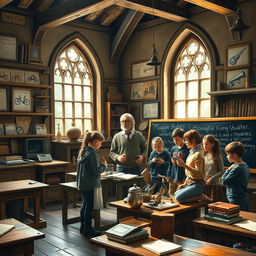 An enchanting scene depicting a Muggle Studies classroom at Hogwarts School of Witchcraft and Wizardry