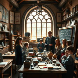 An enchanting scene depicting a Muggle Studies classroom at Hogwarts School of Witchcraft and Wizardry