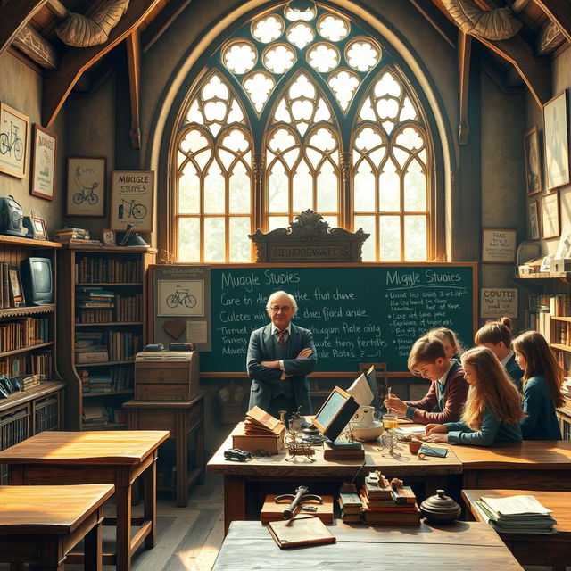 An enchanting scene depicting a Muggle Studies classroom at Hogwarts School of Witchcraft and Wizardry