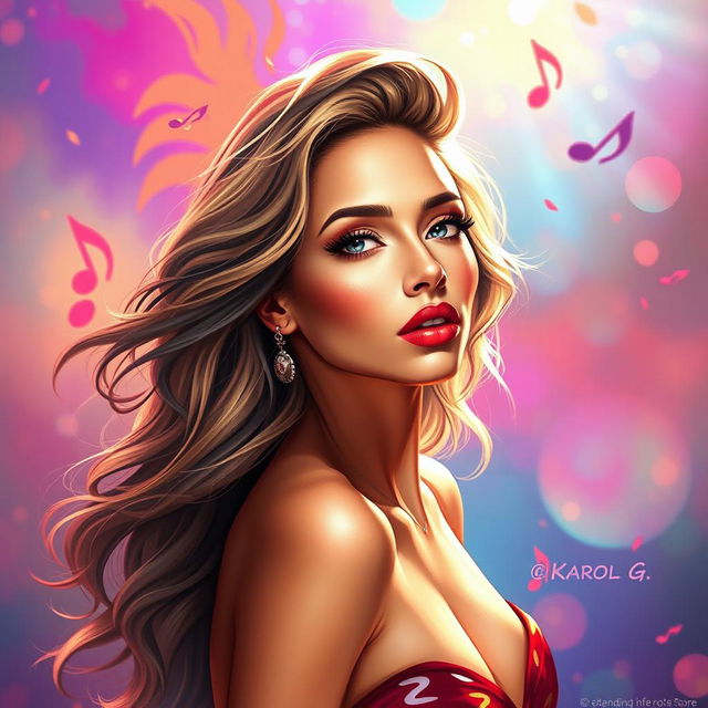 A stunning artistic interpretation capturing the beauty and charisma of a female pop star, inspired by Karol G