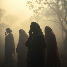 A haunting and atmospheric scene set in West Bengal, depicting faint silhouettes of women crying