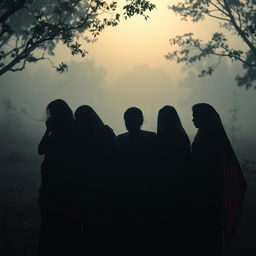 A haunting and atmospheric scene set in West Bengal, depicting faint silhouettes of women crying
