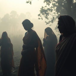 A haunting and atmospheric scene set in West Bengal, depicting faint silhouettes of women crying