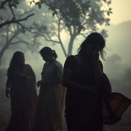 A haunting and atmospheric scene set in West Bengal, depicting faint silhouettes of women crying