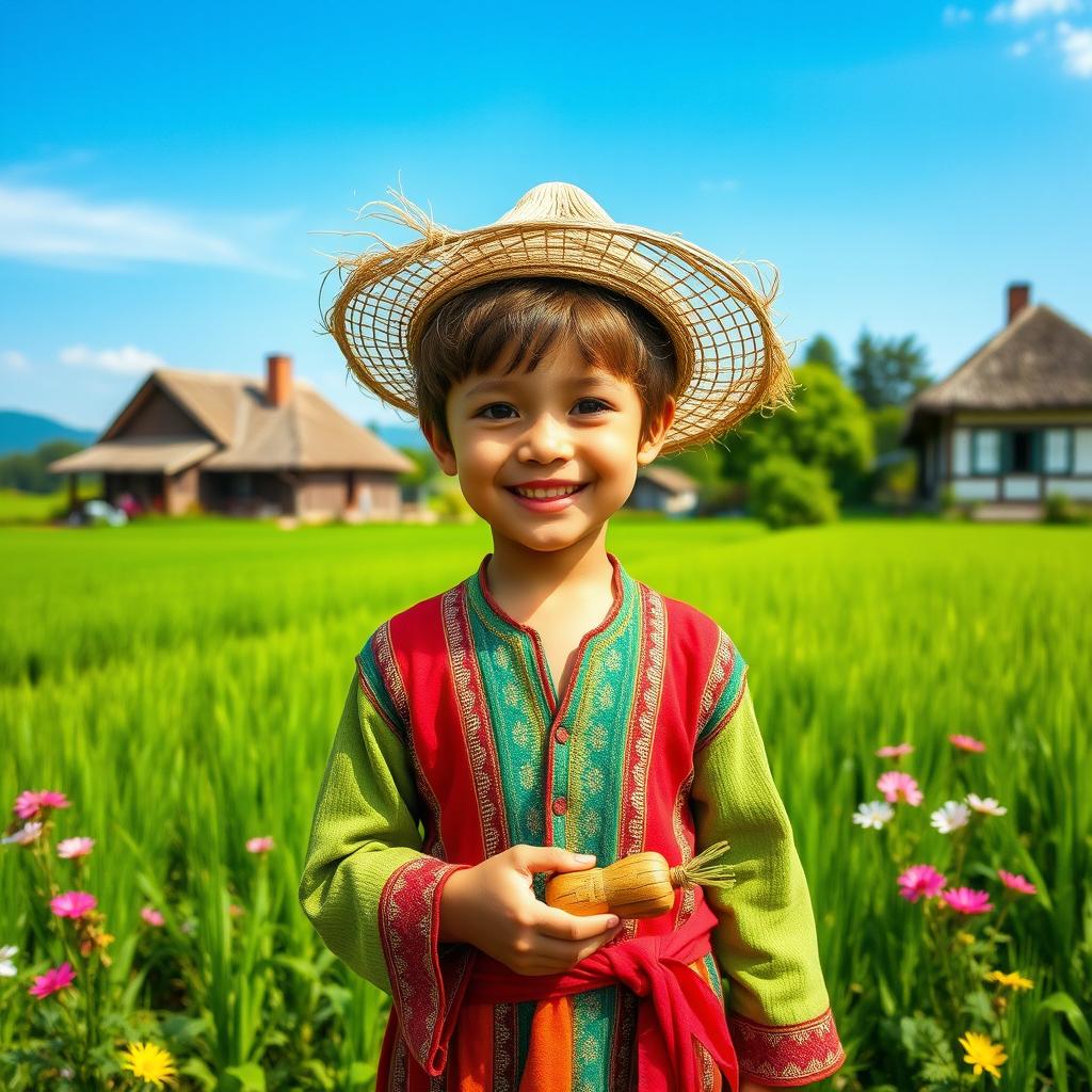 A cheerful village boy standing in a picturesque rural landscape, wearing traditional colorful clothing, with a straw hat on his head, surrounded by lush green fields and flowering plants