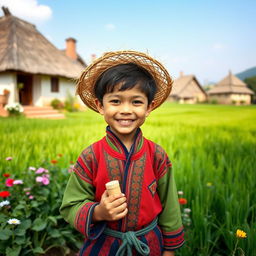 A cheerful village boy standing in a picturesque rural landscape, wearing traditional colorful clothing, with a straw hat on his head, surrounded by lush green fields and flowering plants